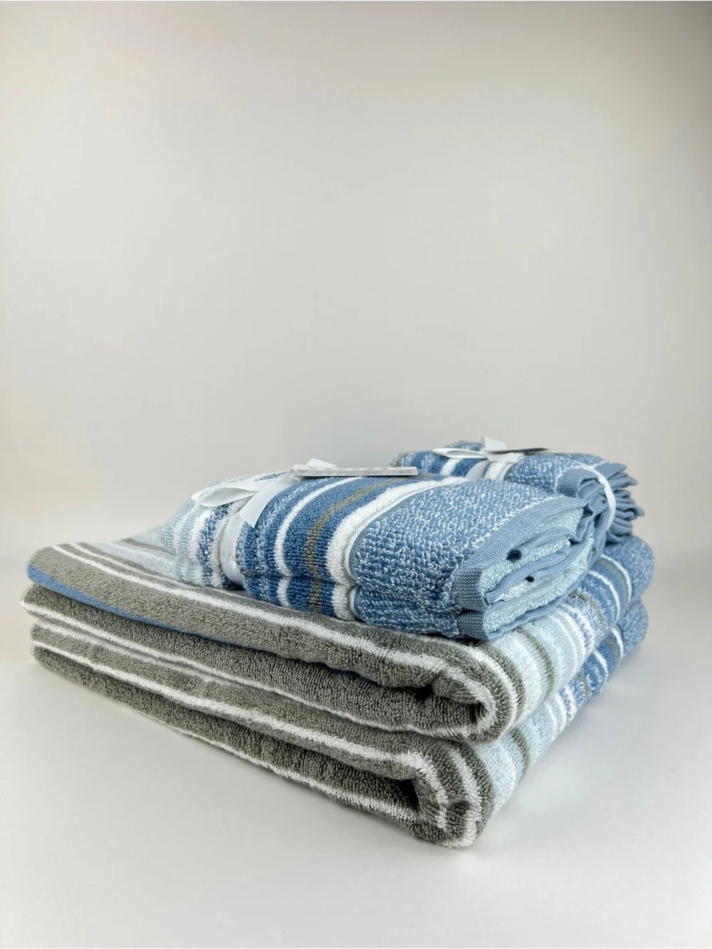 Casaba Bath Towel Set Blue White Taupe Striped Quick Dry Soft Cotton 8 Pc NEW